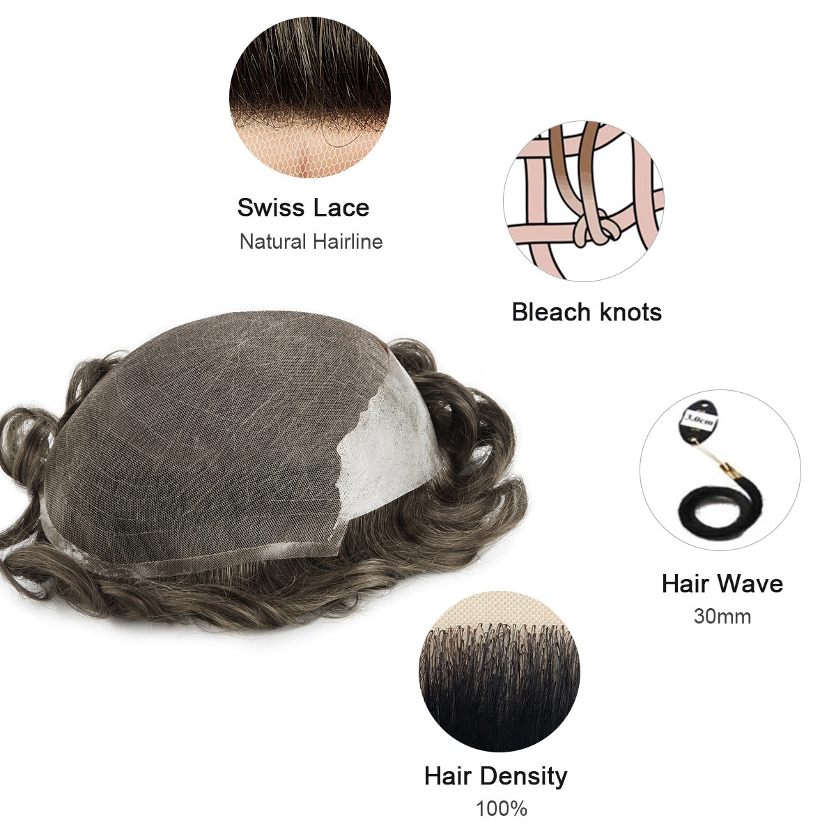 French Lace Center with Poly Side and Back Stock Hair Replacement System For Men - HairBro