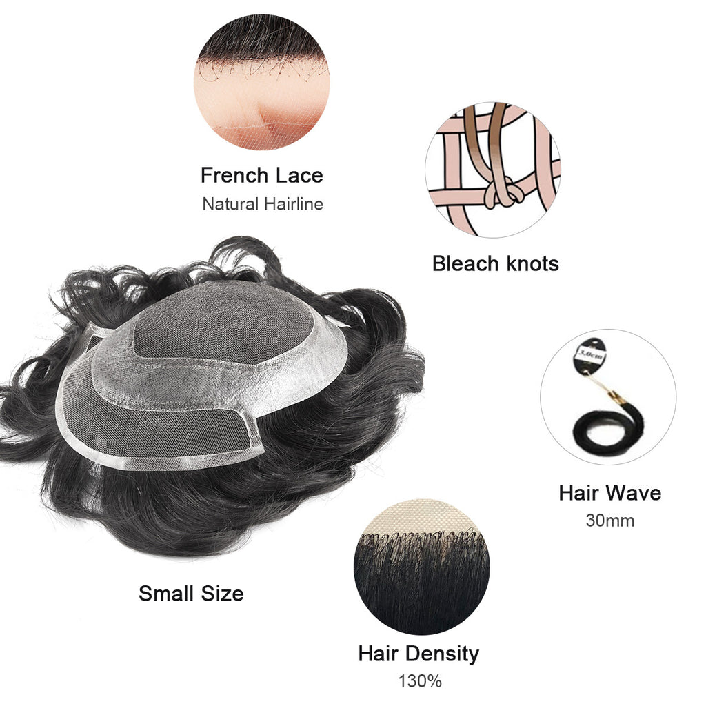Small Size French Lace Center and Front Poly Around Stock Hair Replacement System For Men
